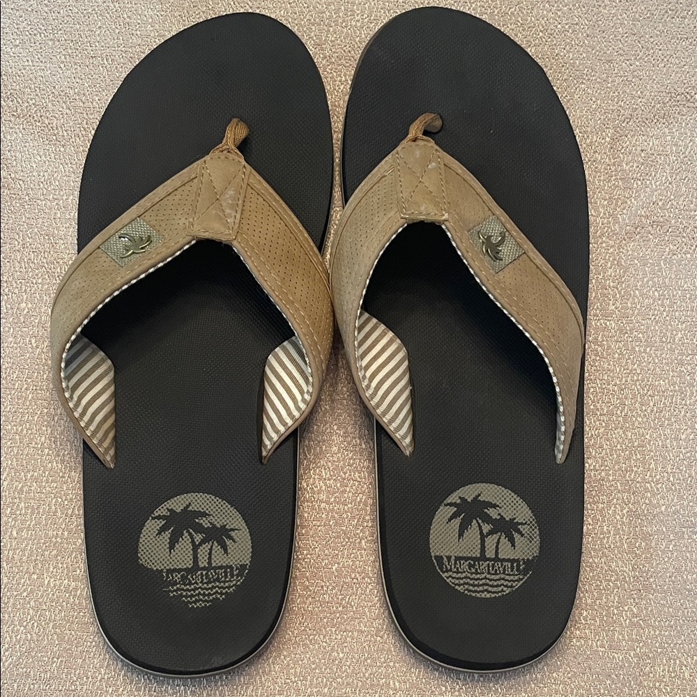 Men's Flip Flop Sandals with Palm Logo - Black & Tan Size 10